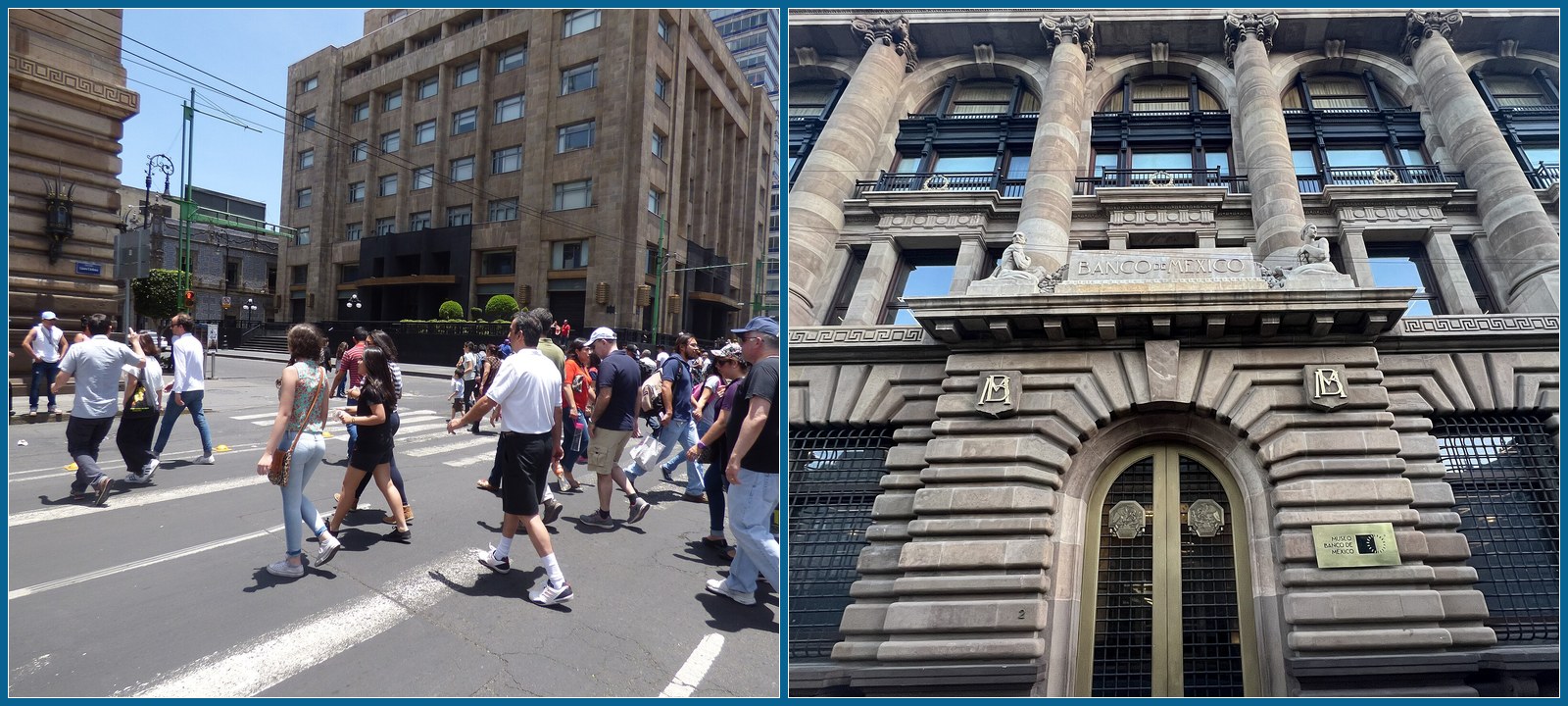 Collage de 5 de Mayo: paso peatonal y gente frente al recinto del Banco de México, a color