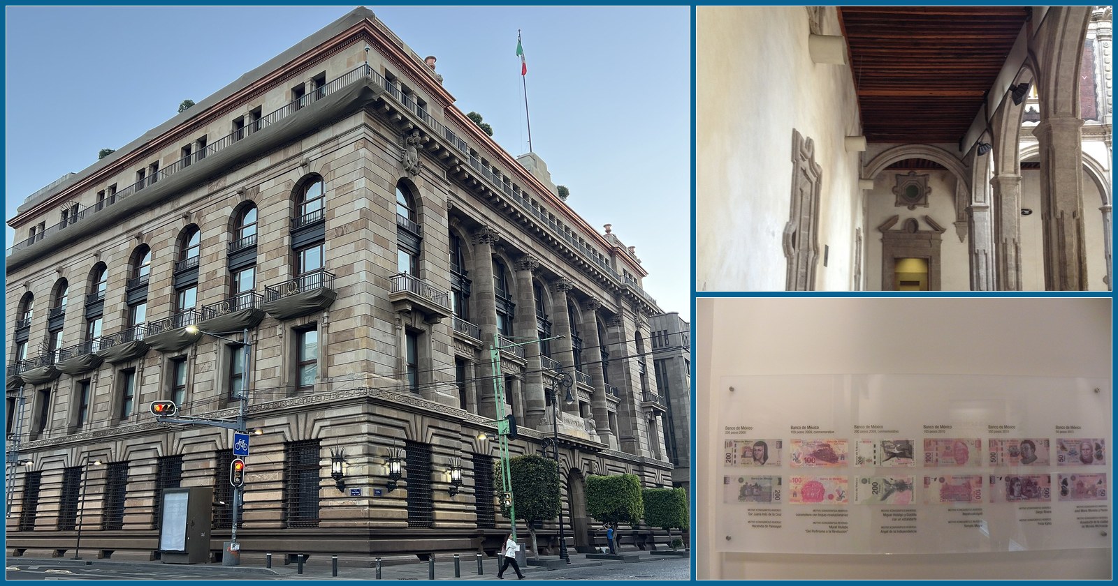 Collage: peatones frente al Banco de México, visitantes en el museo y vitrina de billetes de peso, a color