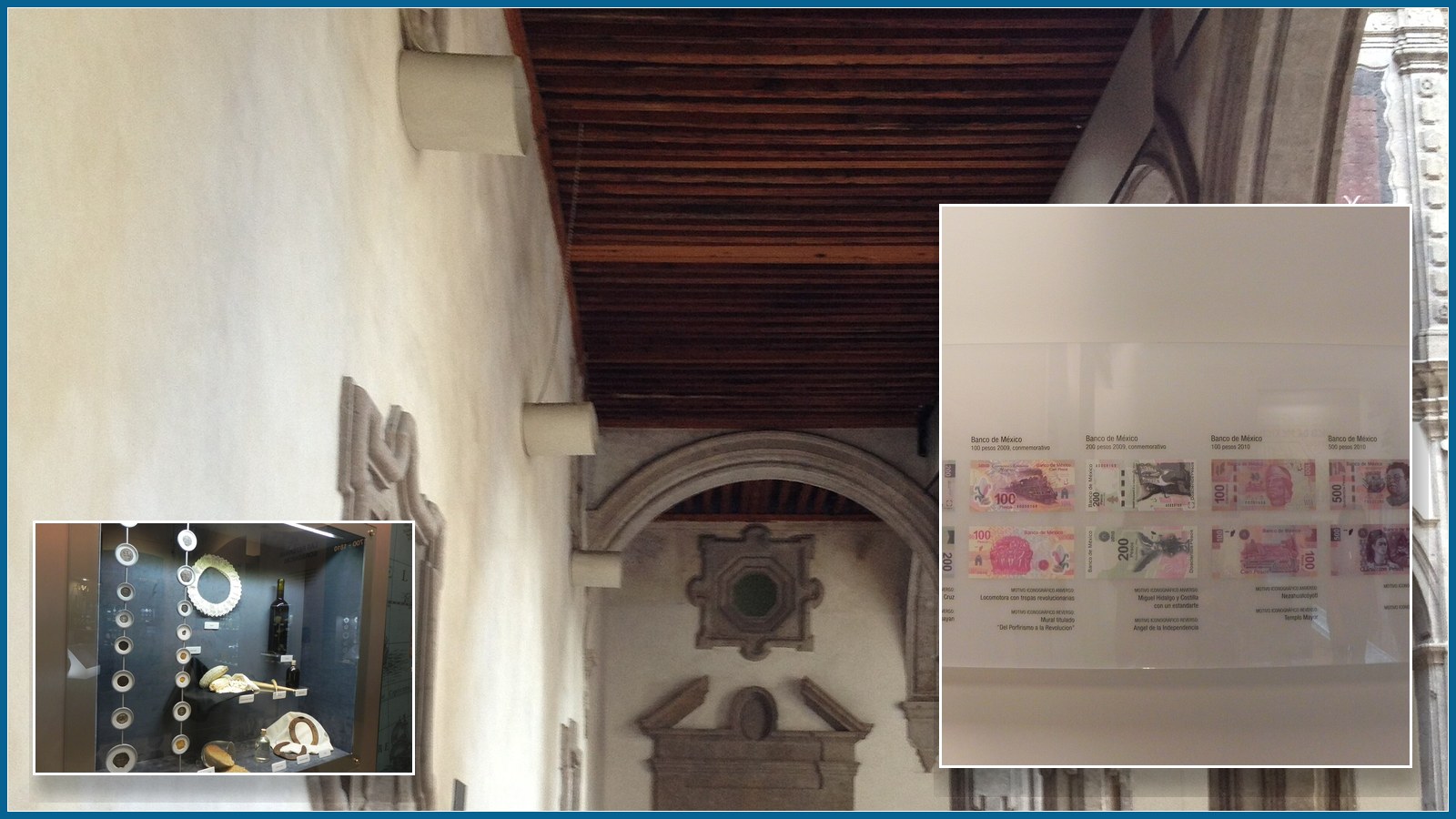 Collage del museo: salón con visitantes, vitrina de billetes de peso y monedas, a color