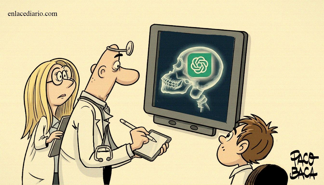 Cartón de Paco Baca: dos médicos y un niño miran una radiografía de cráneo con el logotipo de una inteligencia artificial en el cerebro; papel vintage de Enlace Diario