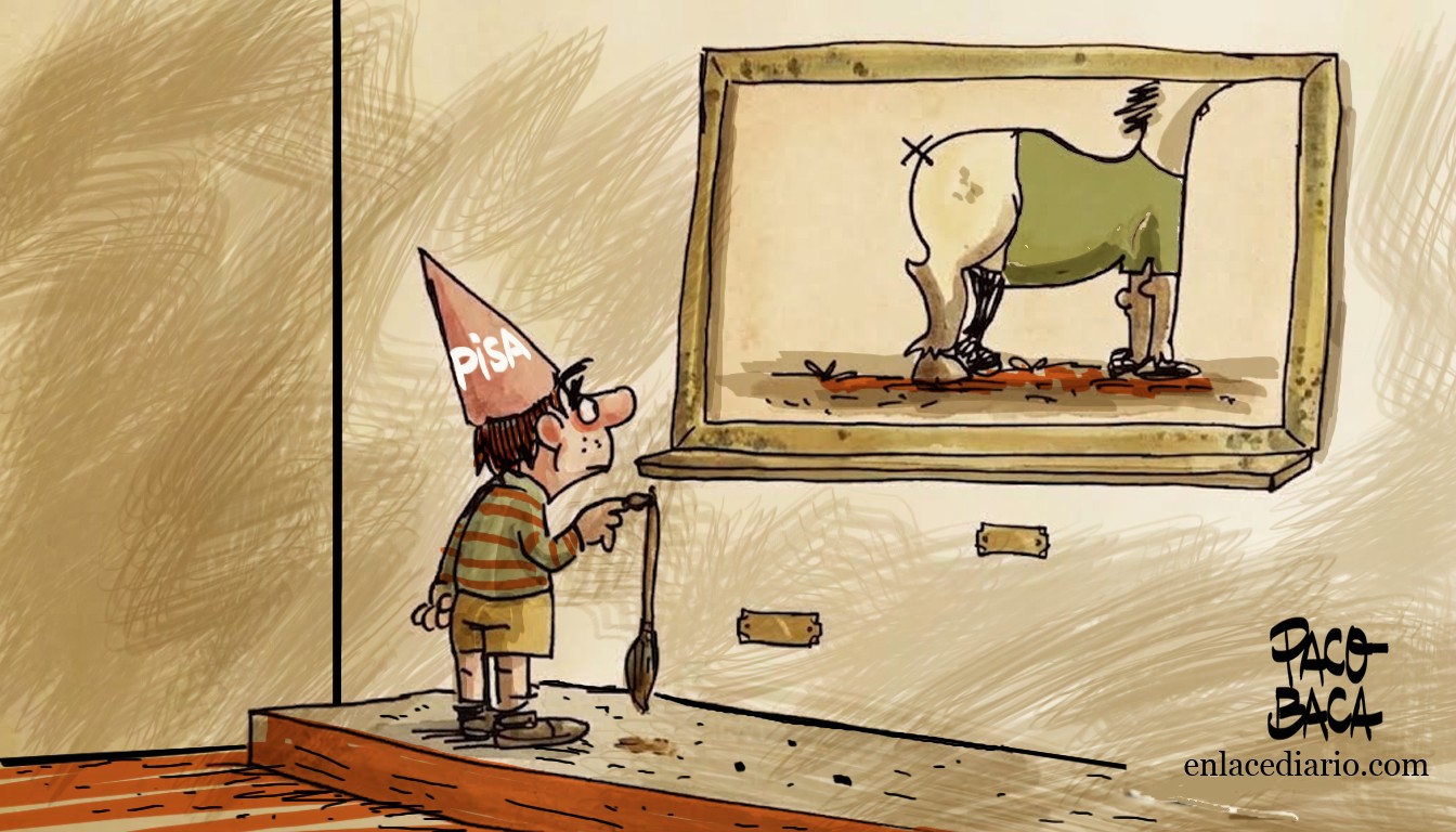 Cartón de Paco Baca: un niño con gorro de burro que dice PISA mira un cuadro del trasero de un caballo; firma Paco Baca y enlacediario.com