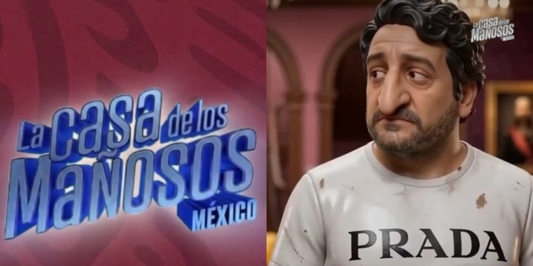 Logo de La casa de los mañosos México y figura satírica con playera Prada
