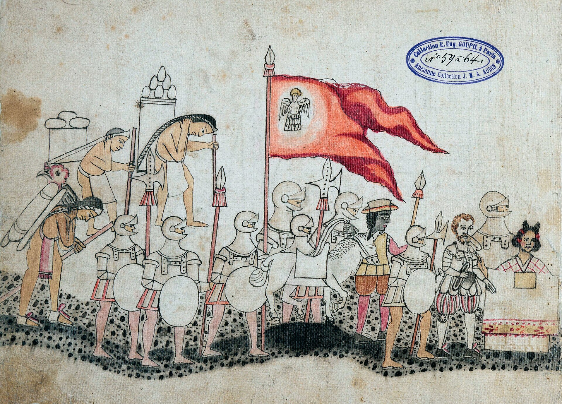 Foja del Códice Azcatitlan: Hernán Cortés y Malinche al frente de la hueste, pictografía a color