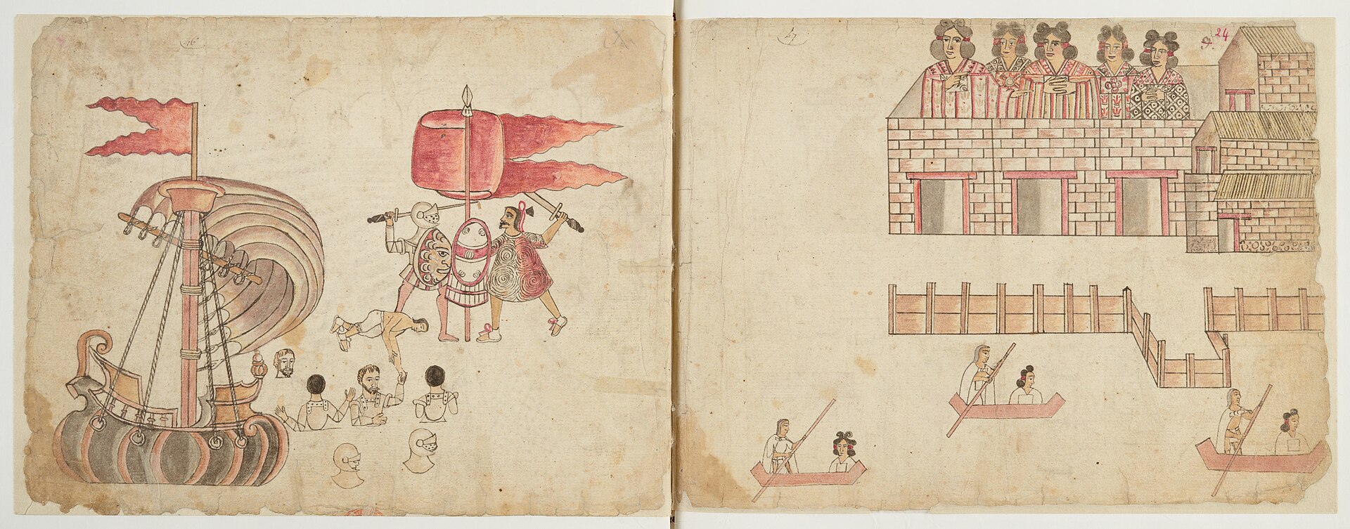 Fojas del Códice Azcatitlan: pictografías de la pelea en Tacuba y la evacuación de Tenochtitlan, a color