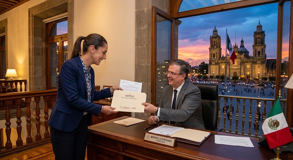 Claudia Sheinbaum entrega un documento a Marcelo Ebrard, en Palacio Nacional.