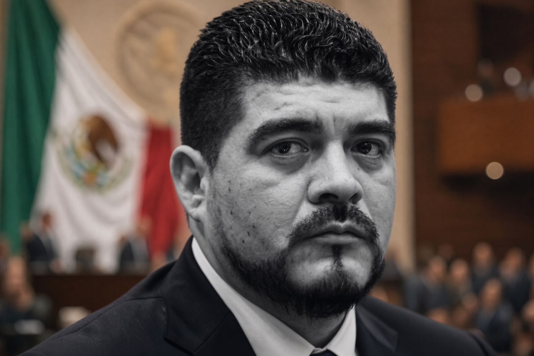 Retrato en escala de grises del diputado Zenyazen Escobar; al fondo, recinto y bandera en color