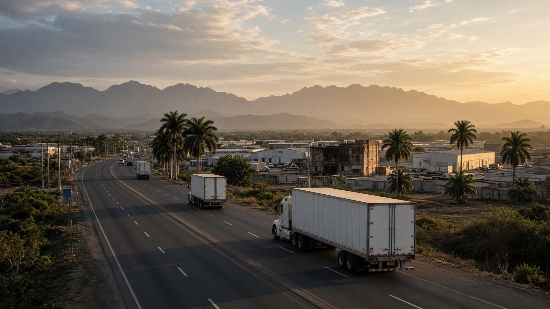 Carretera del sur-sureste mexicano con carga pesada y paisaje tropical