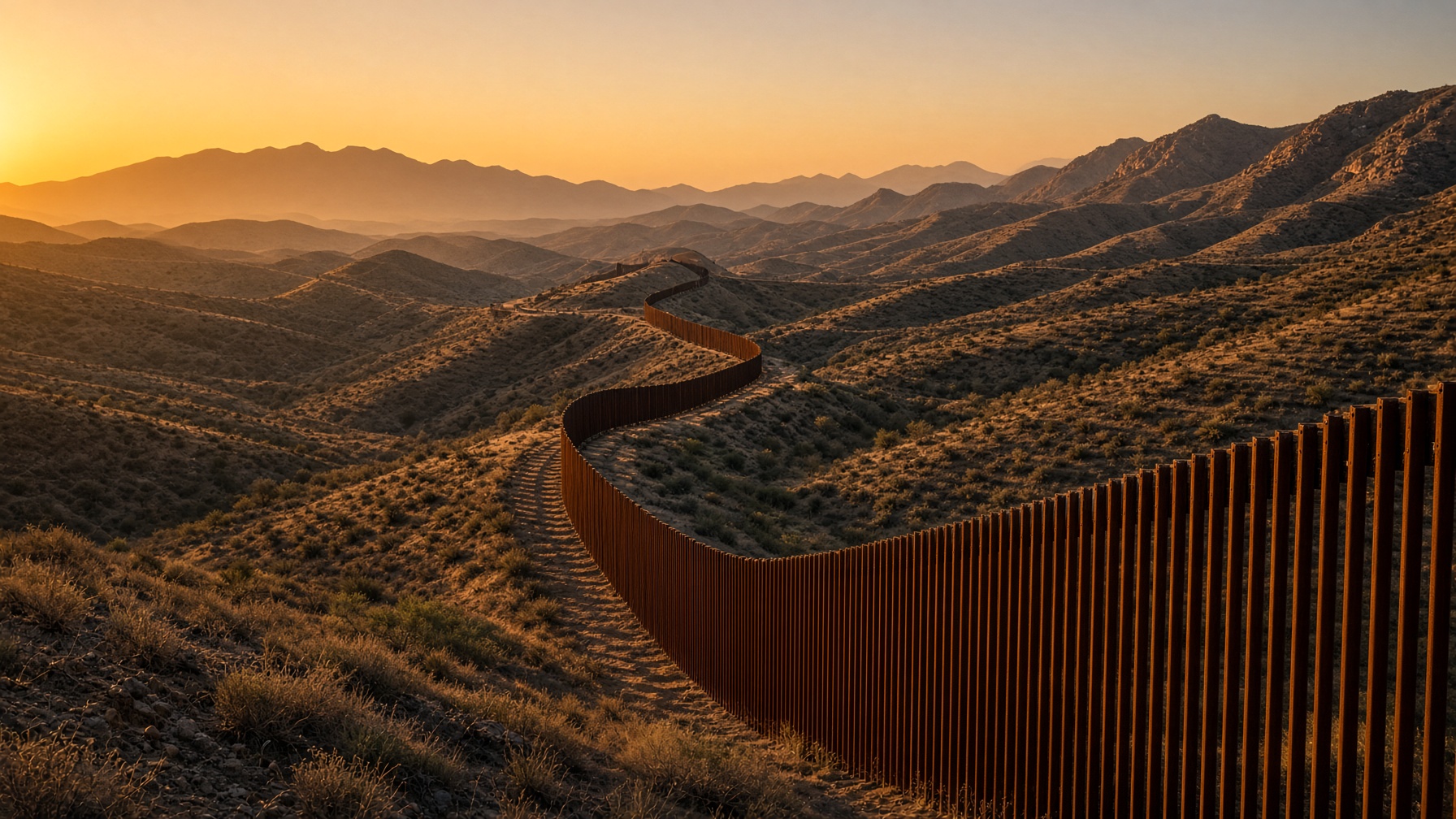 Muro fronterizo de acero recorriendo lomeríos al atardecer