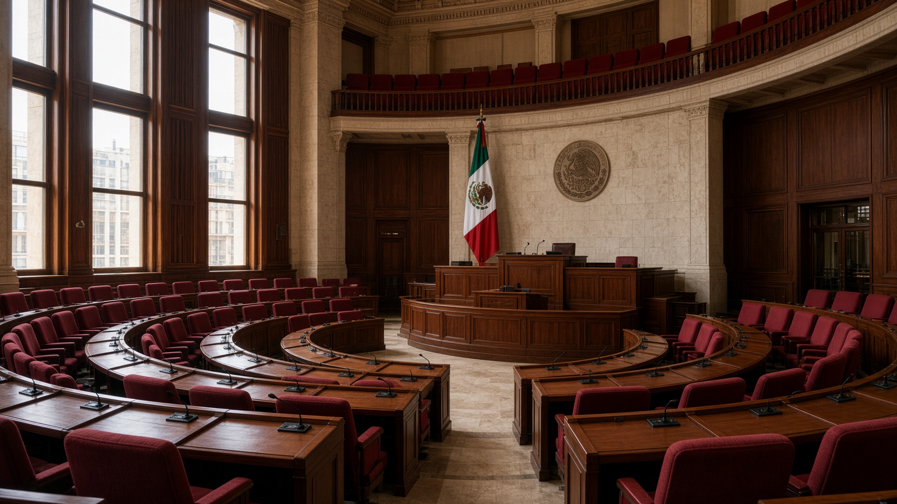Hemiciclo legislativo vacío con escaños rojos y bandera de México
