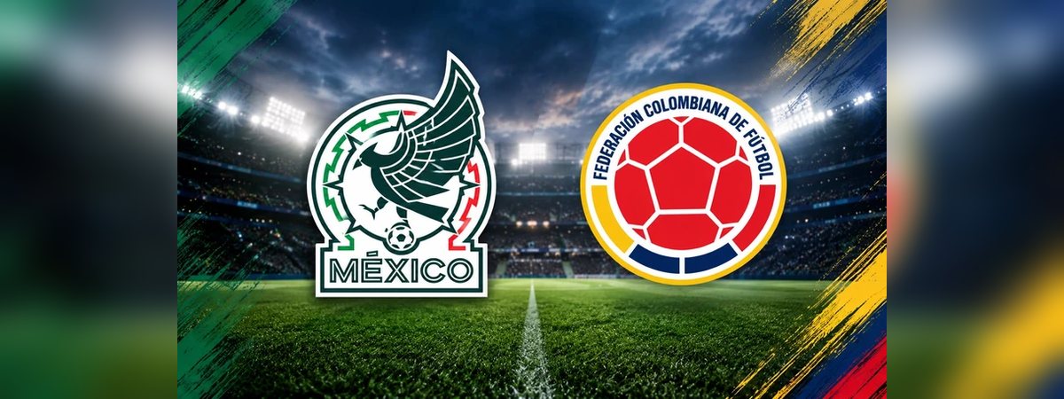 Los escudos de México y de la Federación Colombiana de Fútbol, frente a frente, sobre la cancha