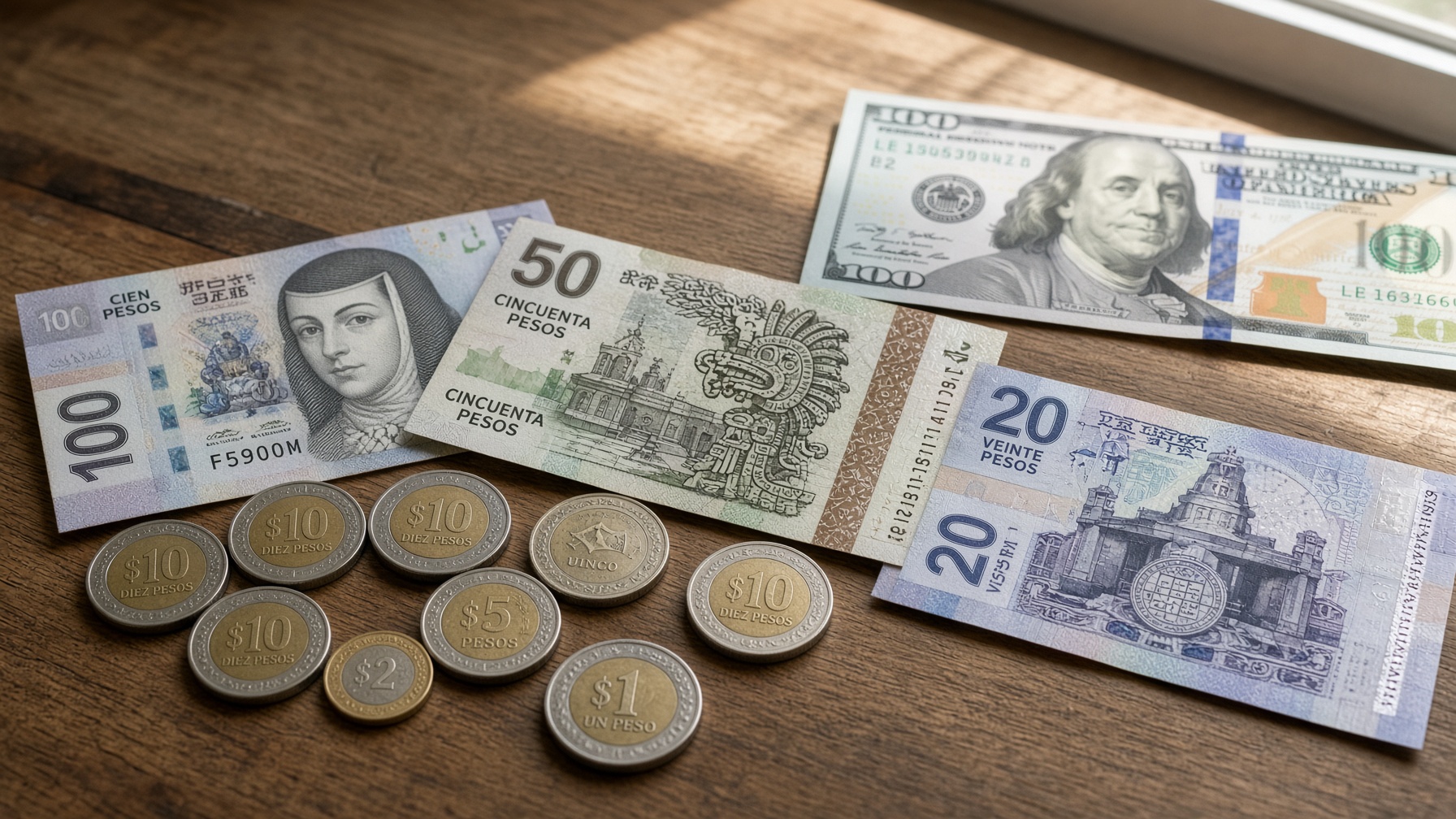 Billetes y monedas de peso mexicano junto a un dólar estadounidense sobre un escritorio de madera