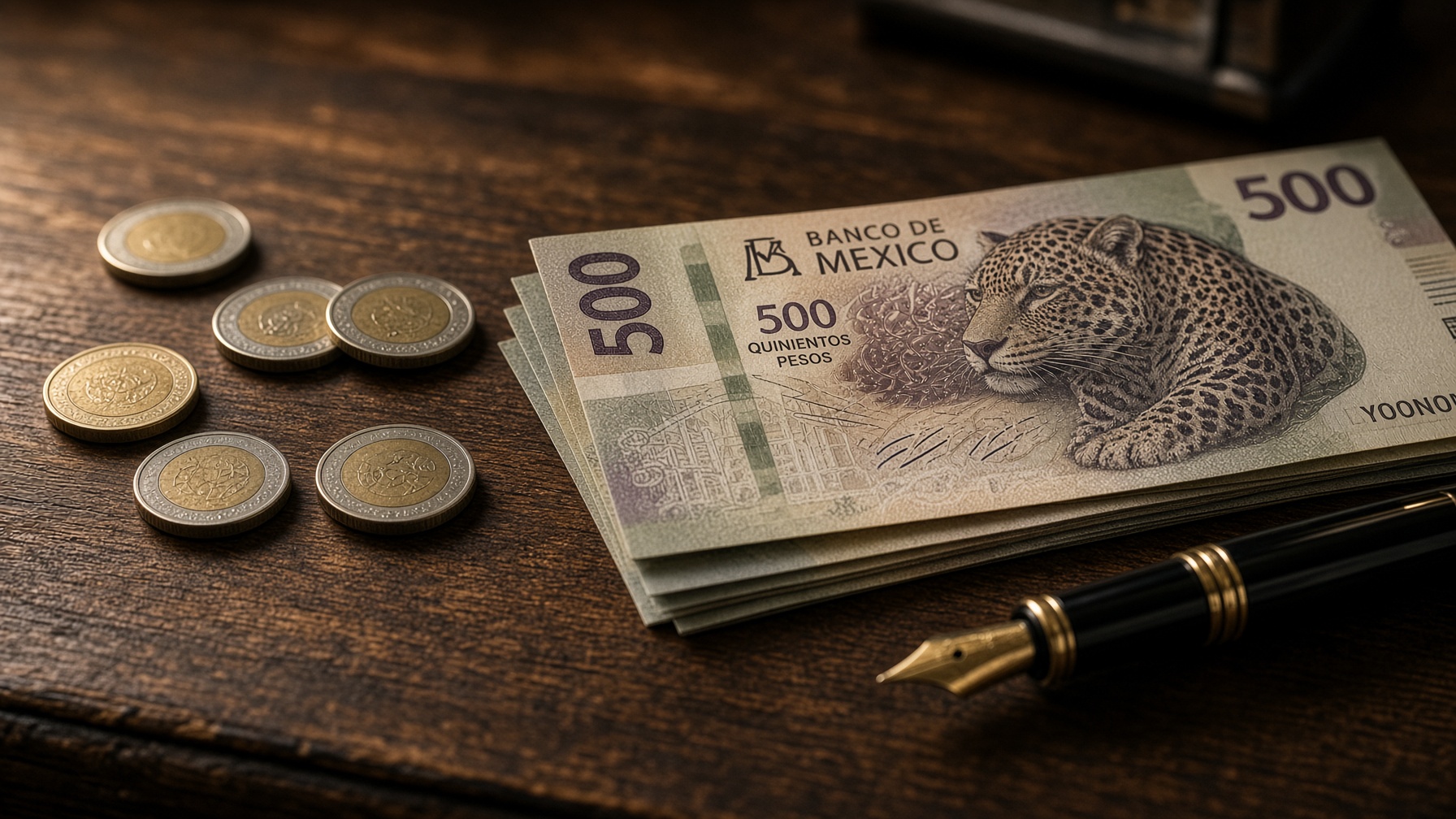 Billete de 500 pesos con jaguar y monedas bimetálicas