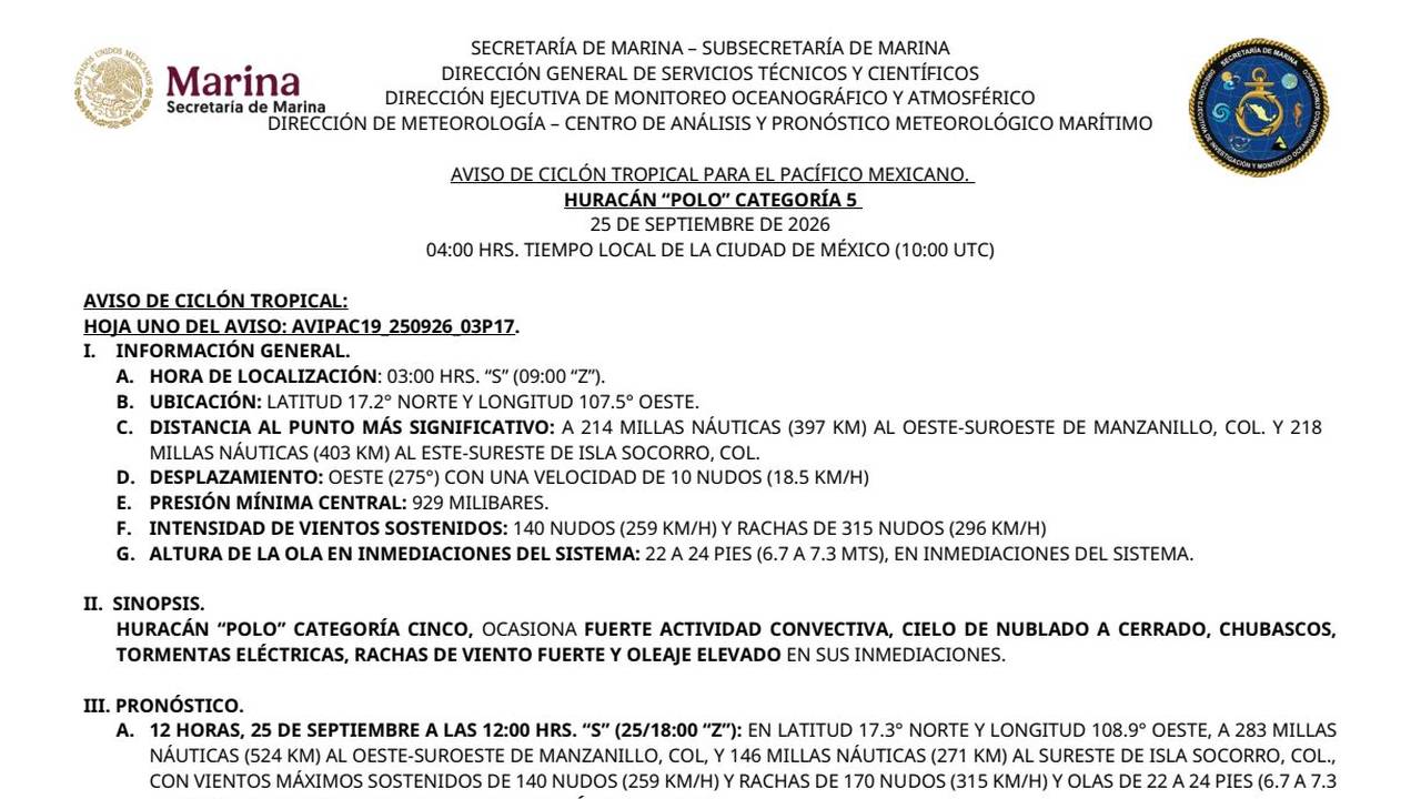 Aviso oficial de Marina del huracán Polo, categoría 5, a las 4:00 del 25 de septiembre