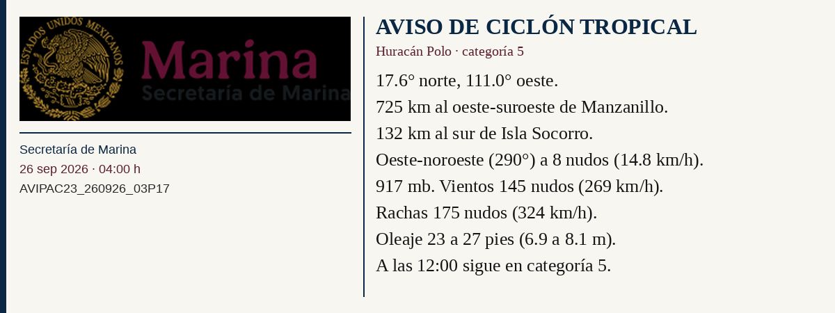 Aviso de ciclón tropical de Marina: Polo en categoría 5, 26 de septiembre, a las 4:00