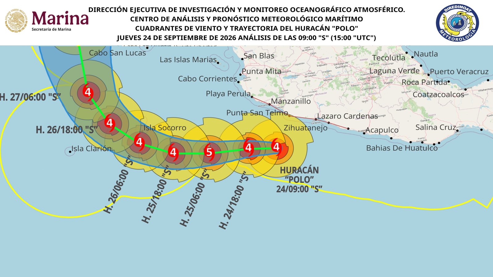Mapa oficial de Marina del huracán Polo, análisis de las 9:00 del 24 de septiembre