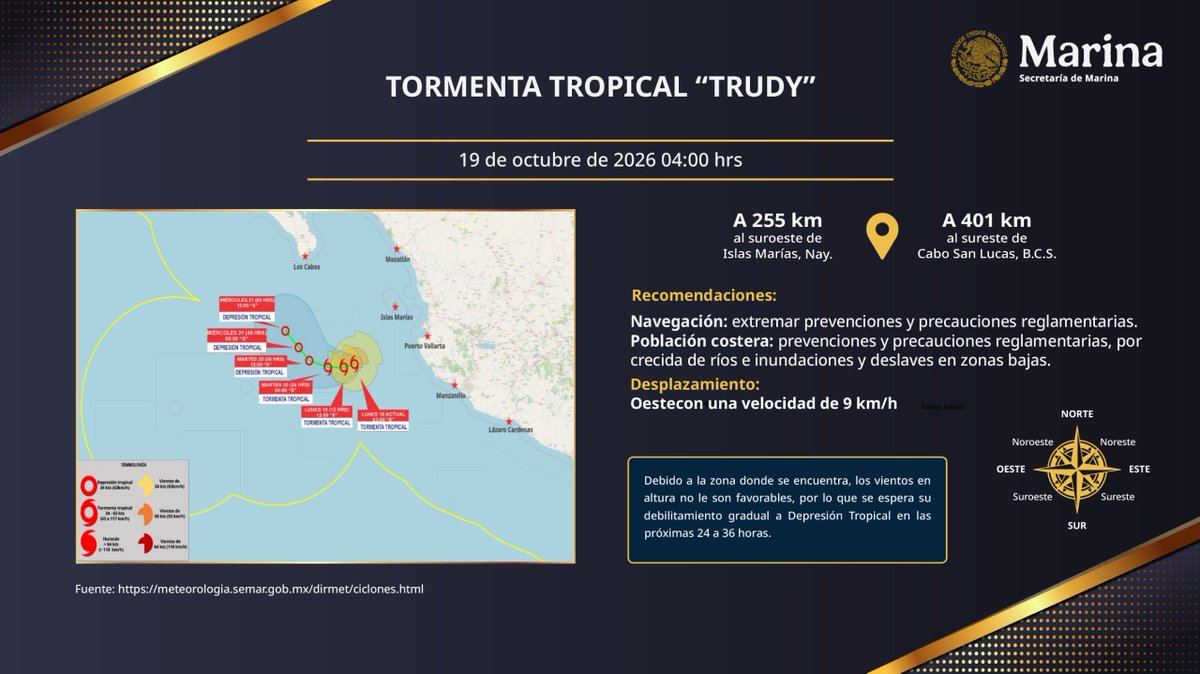 Trudy, como tormenta tropical, al suroeste de Islas Marías.