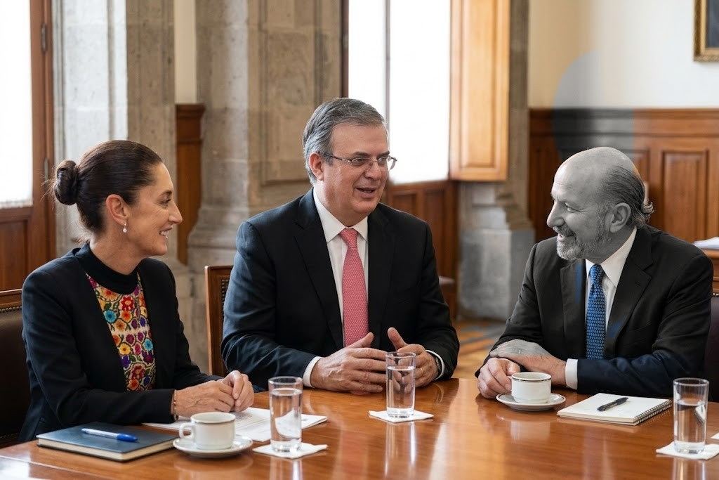 Claudia Sheinbaum, Marcelo Ebrard y Howard Lutnick, en mesa de trabajo sobre comercio; recinto a color