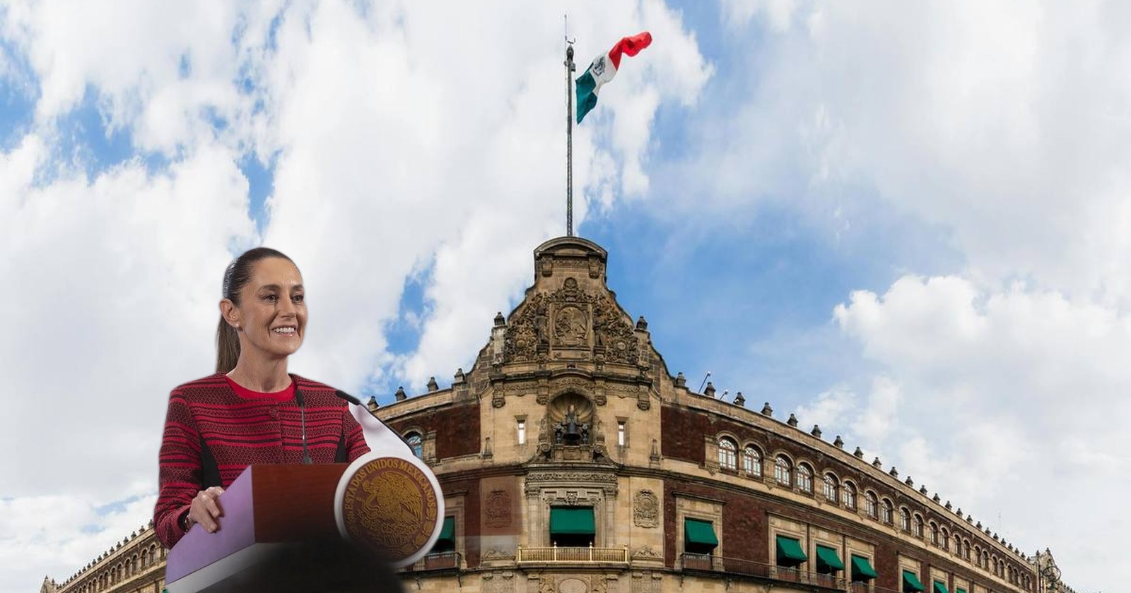 Claudia Sheinbaum Pardo, a color, frente a Palacio Nacional; recinto y bandera a color