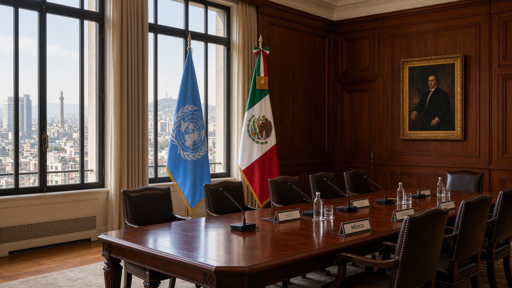 Salón de acuerdos diplomáticos, banderas y mesa